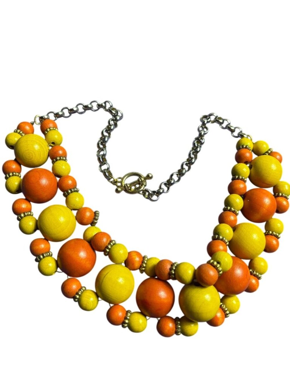 Chunky Yellow Orange Wooden Beaded Statement Necklace Toggle Clasp 19 inches